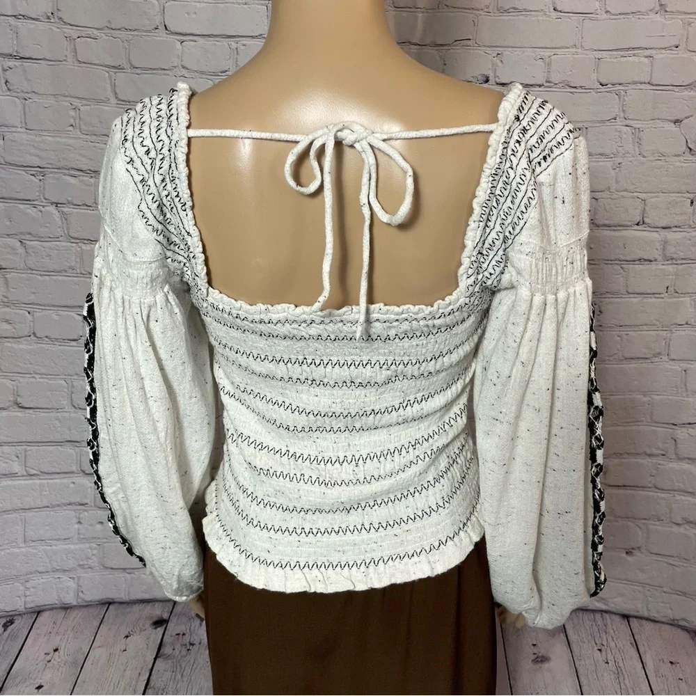 NWT New $148 Free People Maggie Embroidered Shirred Ivory Blouse Top Size M